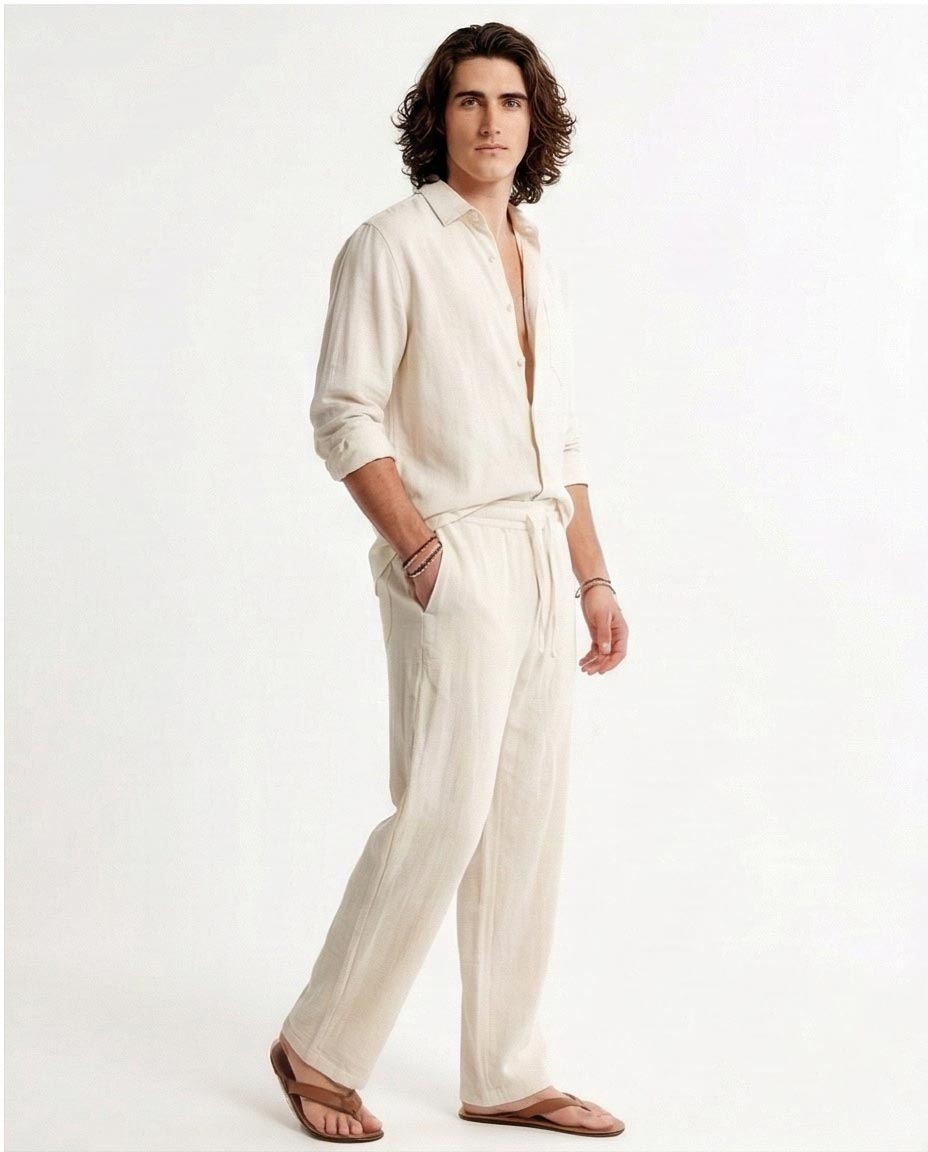 Essential Off-White Textured Linen-Feel Drawstring Trousers