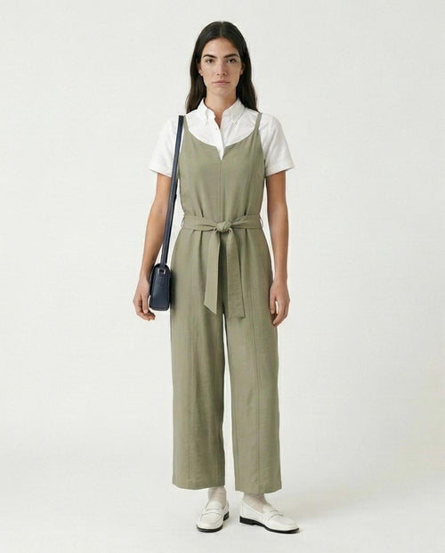 Sage Green Sleeveless Wide-Leg Jumpsuit with Waist Tie R216764