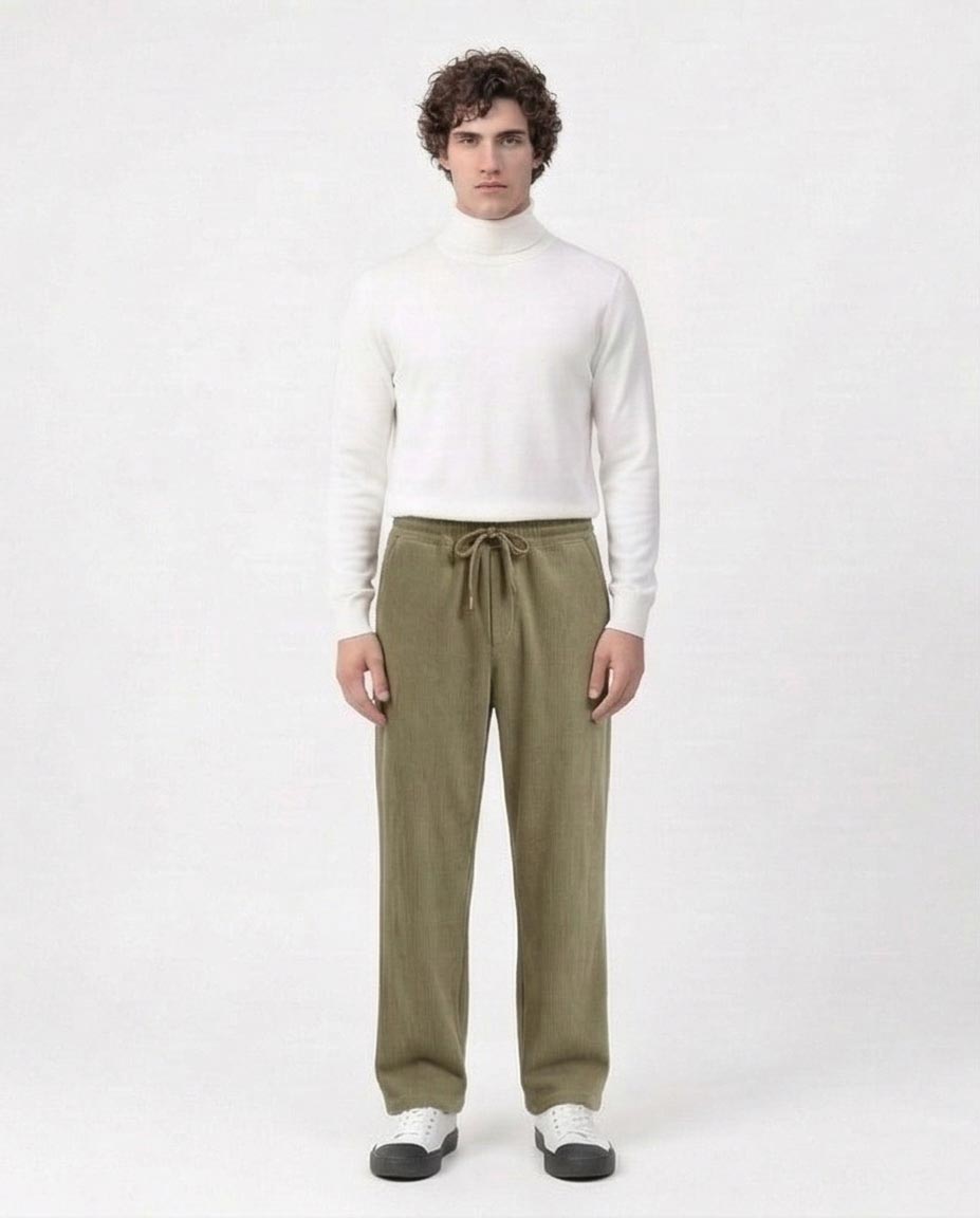 Olive Relaxed Fit Corduroy Drawstring Trousers - R216921