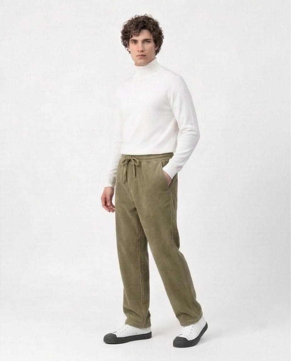 Olive Relaxed Fit Corduroy Drawstring Trousers - R216921