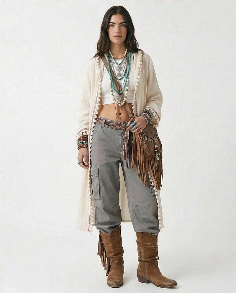 Ravin Gaia Max Boho Embellished Gauze Hooded Duster  - R217017