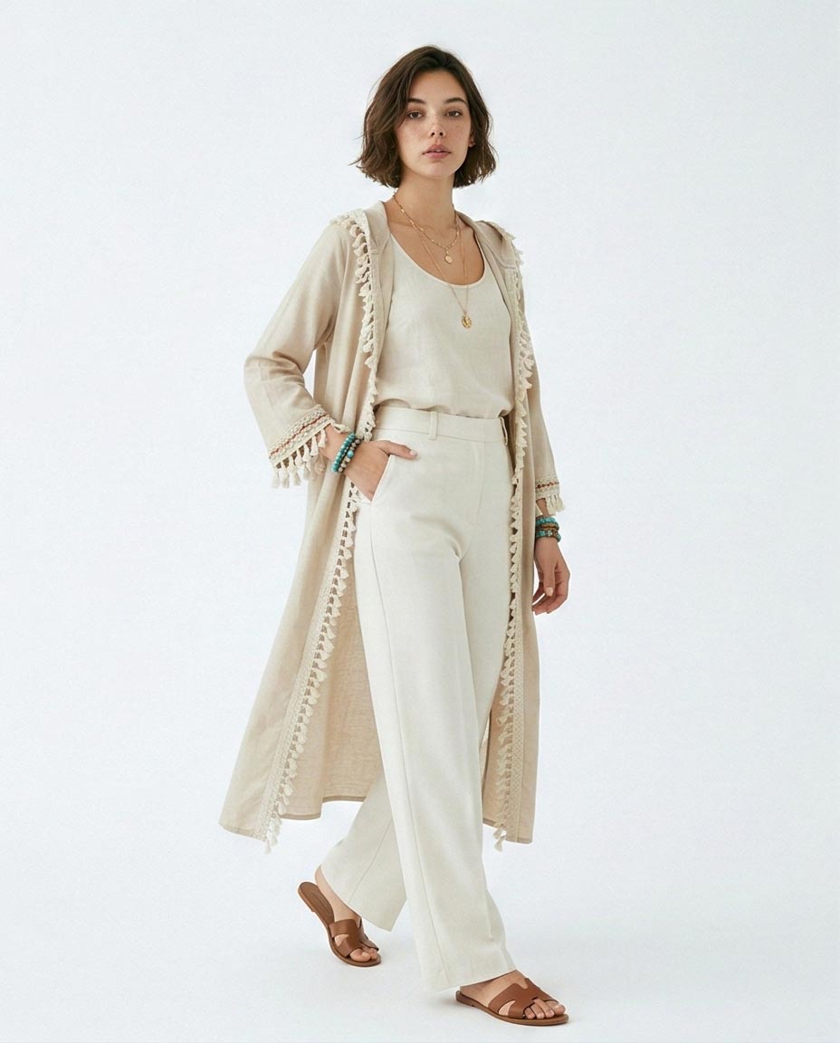 Beige Hooded Tassel-Trim Cardigan