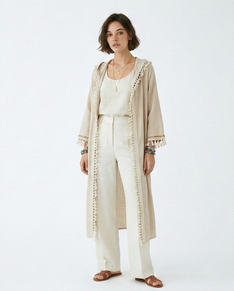 Beige Hooded Tassel-Trim Cardigan