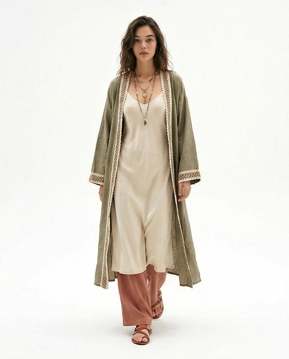 Olive Green Open-Front Embroidered Long Cardigan