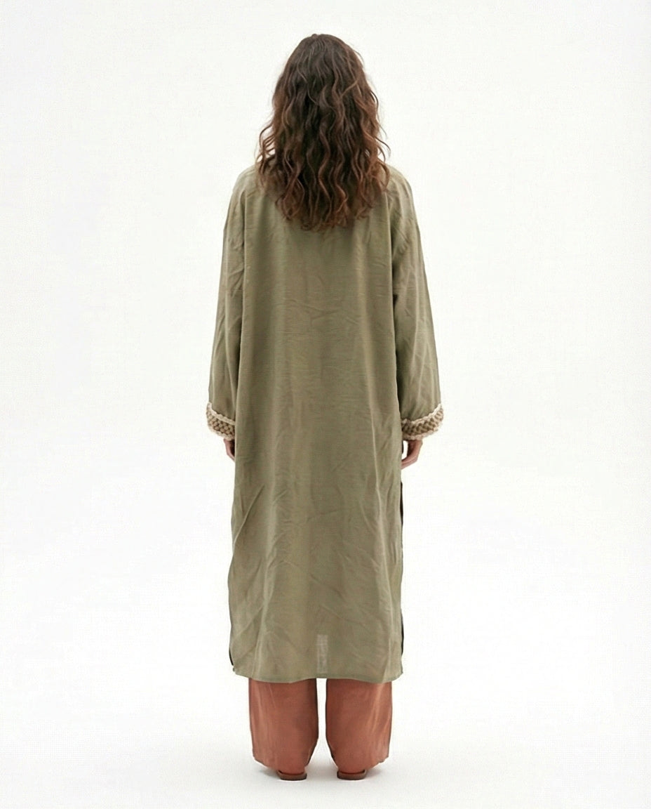 Olive Green Open-Front Embroidered Long Cardigan