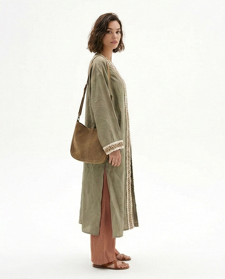 Olive Green Open-Front Embroidered Long Cardigan