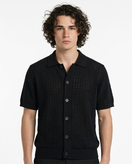 Men's Black Textured Open-Knit Button-Down Shirt