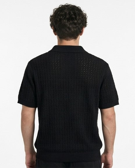 Men's Black Textured Open-Knit Button-Down Shirt