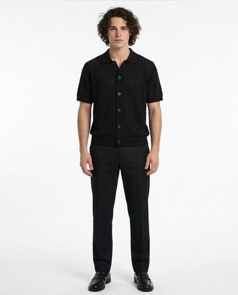 Men's Black Textured Open-Knit Button-Down Shirt