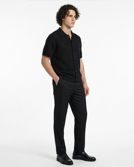 Men's Black Textured Open-Knit Button-Down Shirt
