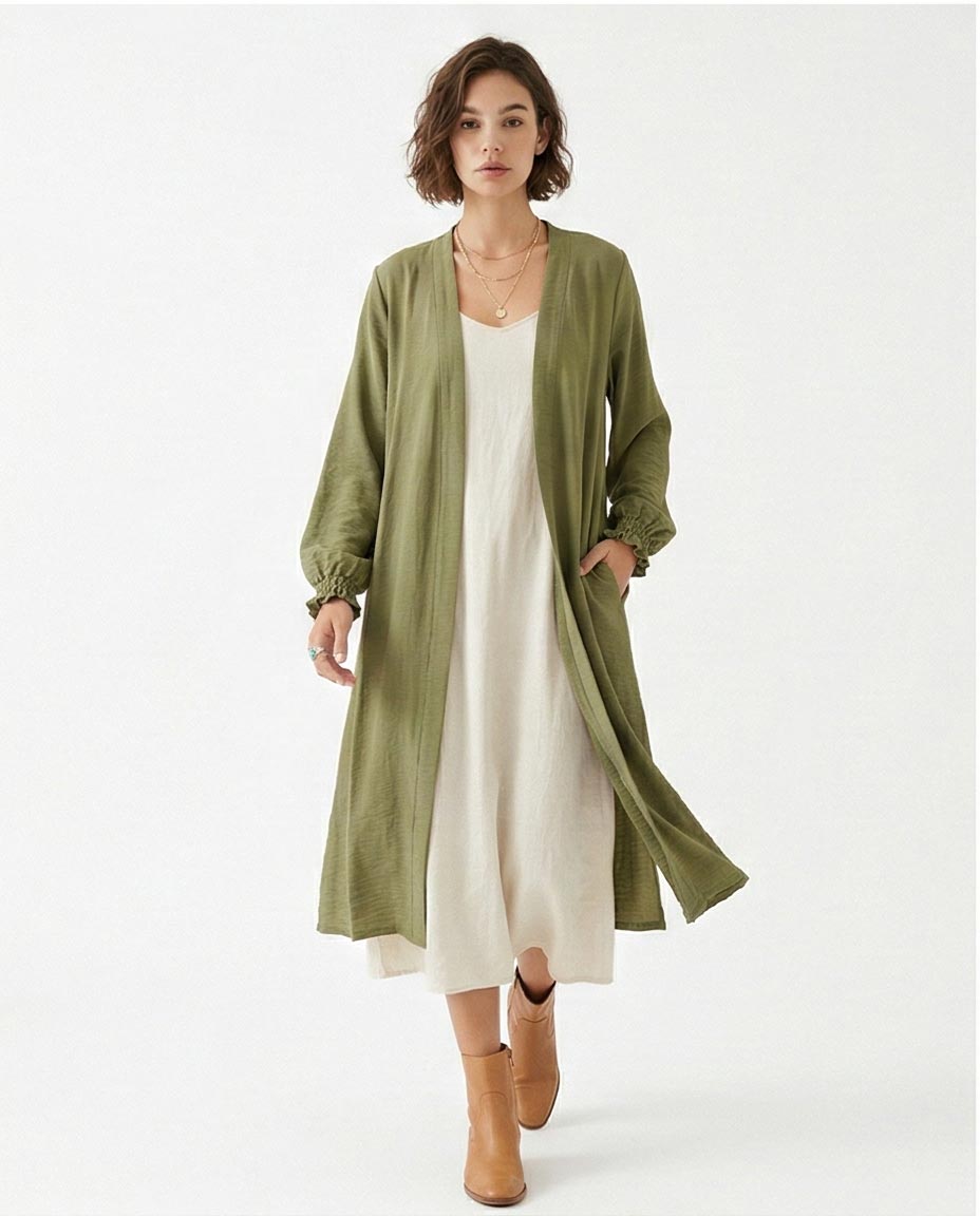 Olive Green Open-Front Longline Cardigan