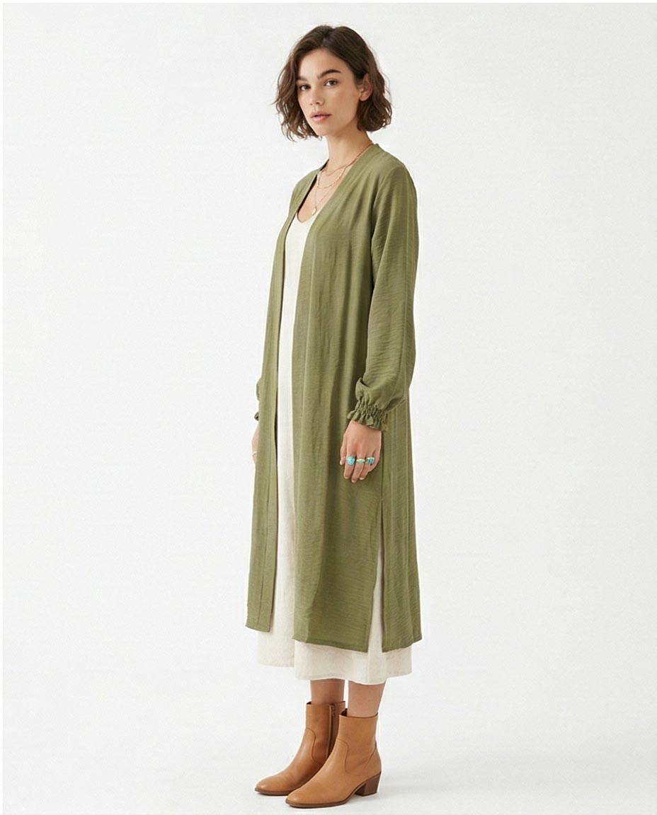 Olive Green Open-Front Longline Cardigan