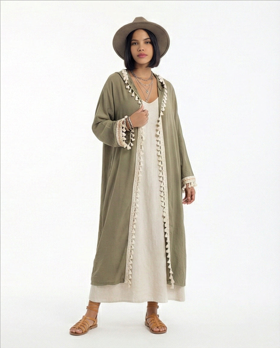 كارديجان مقلم طويل بغطاء للرأس باللون الزيتي - R217238