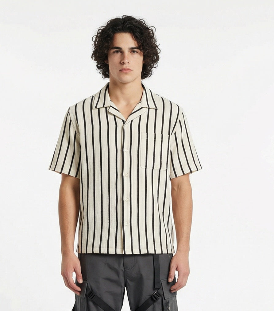 Off-White & Black Striped Short Sleeve Camp Collar Shirt | Ravin – RAVIN