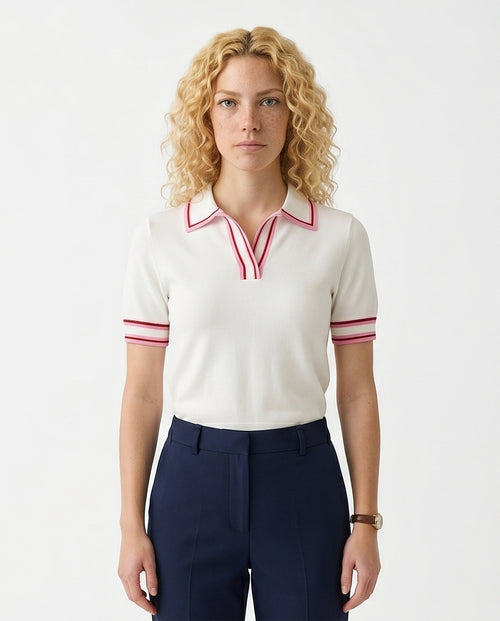 Contrast Trim Short Sleeve Tricot Knit Polo Top - R217872