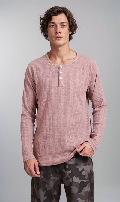 Waffle Textured Long-Sleeve Henley Shirt - Mauve