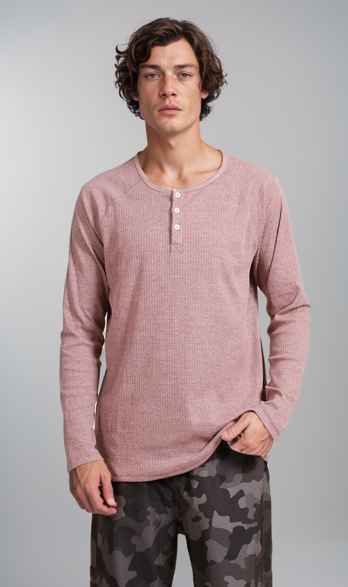 Waffle Textured Long-Sleeve Henley Shirt - Mauve