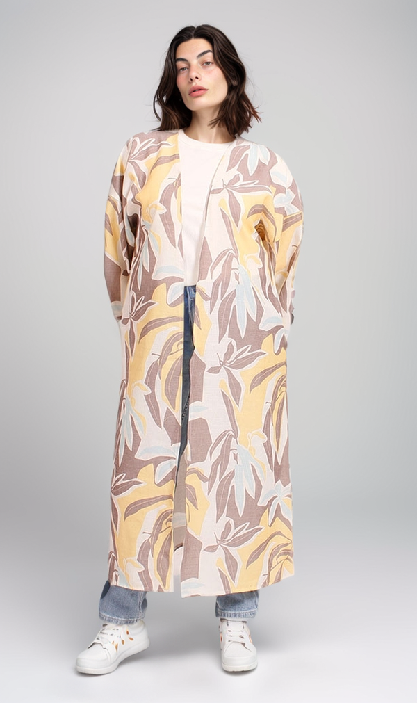 R206070 - Printed Kimono - Yellow Leaf Pattern
