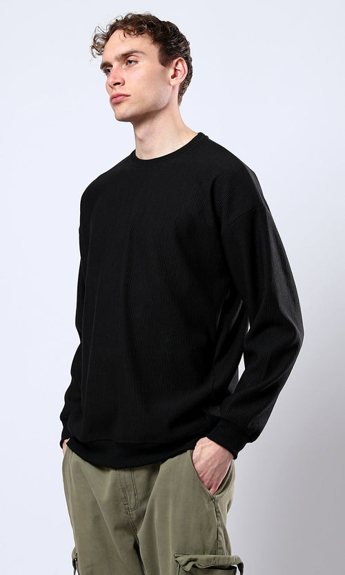 Black Textured Ribbed Oversized Crew-Neck Sweatshirt - O180391