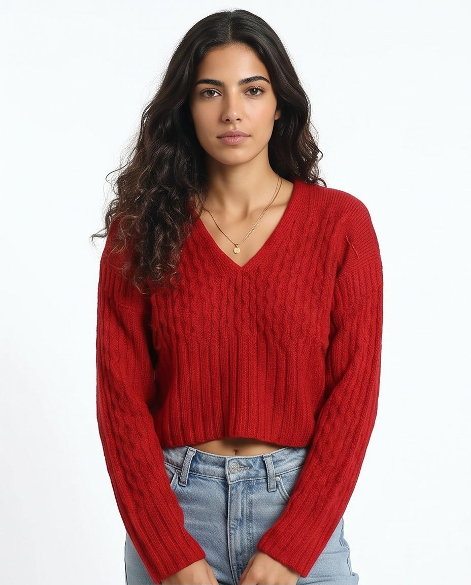 Ravin Women's Vibrant Red V-Neck Ribbed Crop Pullover