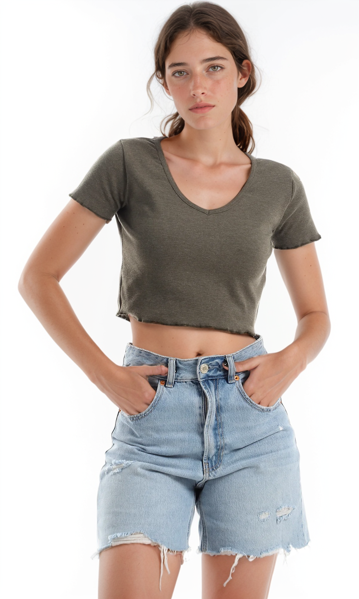 O154999 Ruffled Trim Heather Olive V-Neck Crop Top