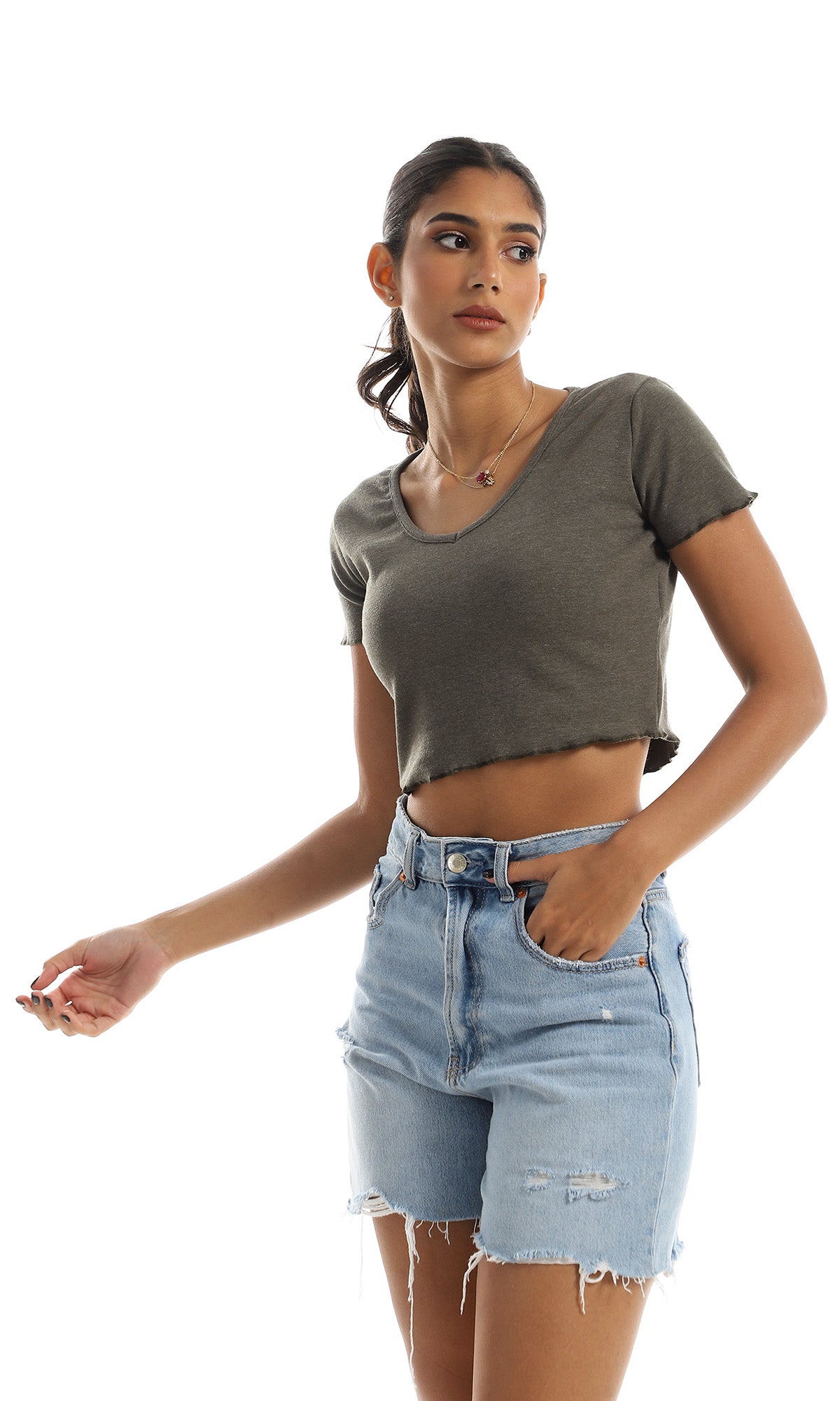 O154999 Ruffled Trim Heather Olive V-Neck Crop Top