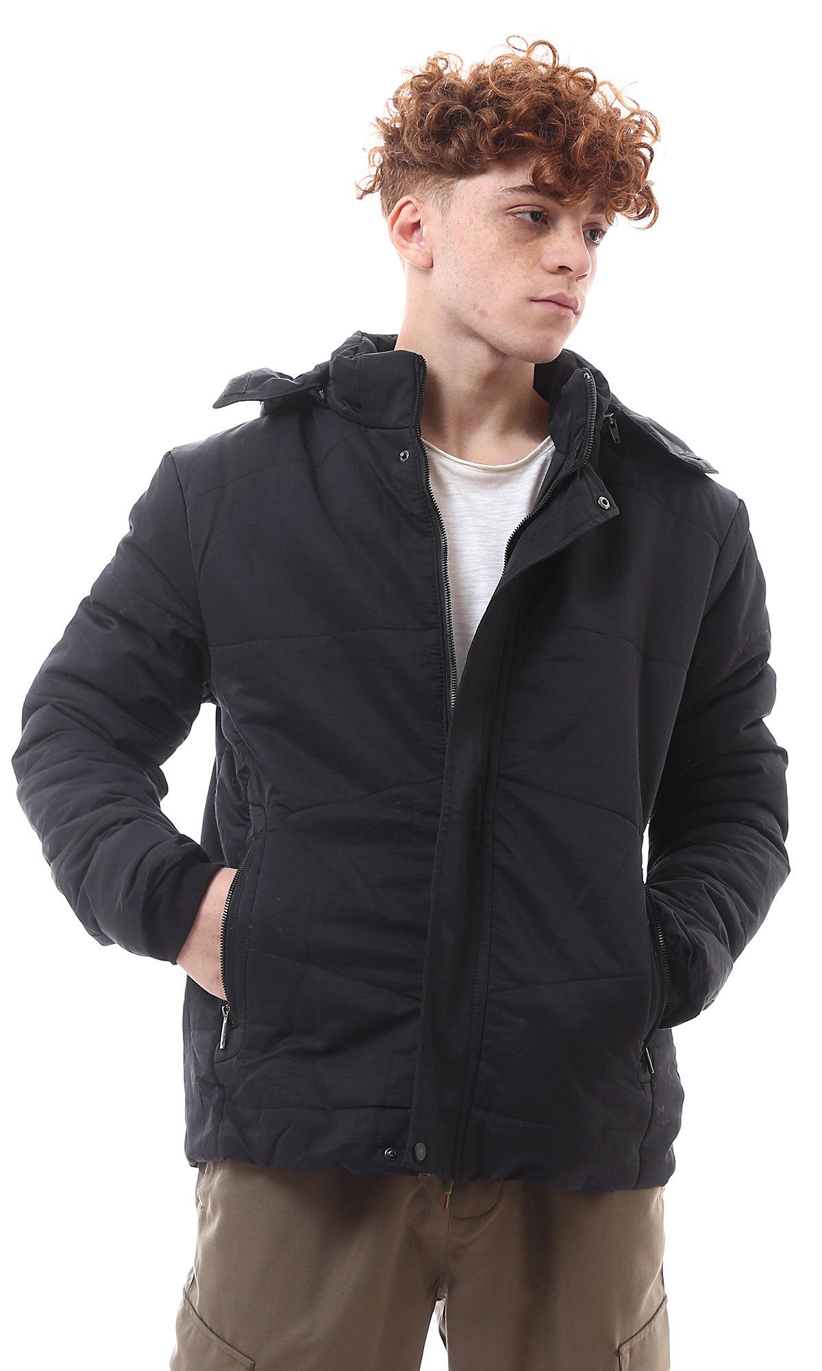Minimalist Black Hooded Zip-Up Jacket - O156160