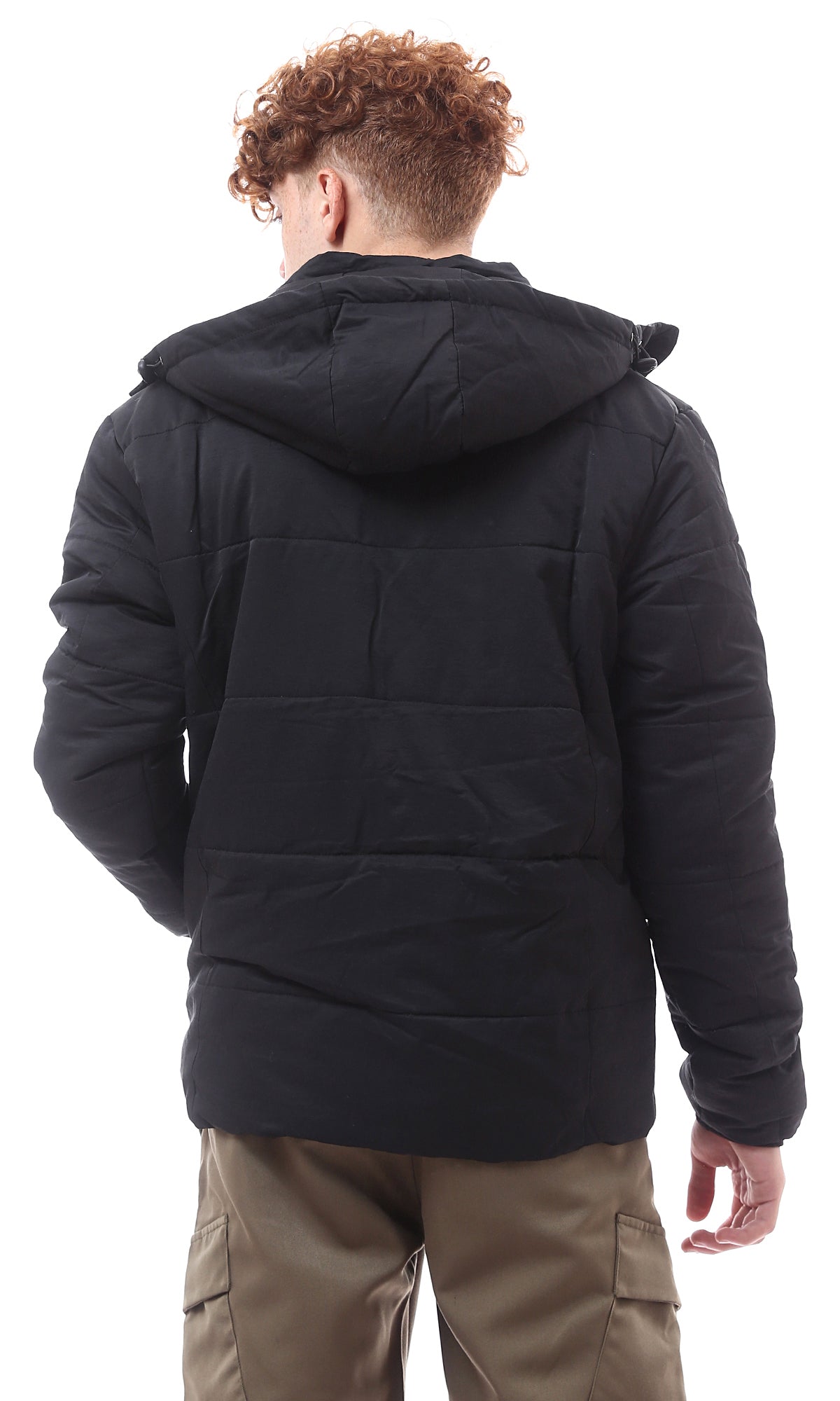 O156160 Adjustable Hooded Neck Black Solid Jacket
