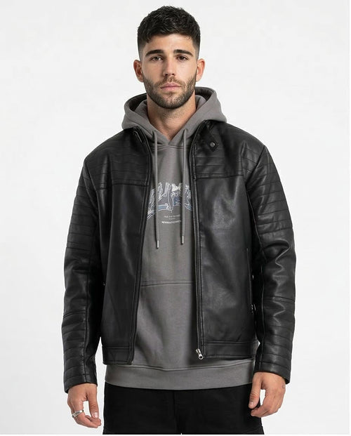 Man wearing a black leather jacket over a gray hoodie on a white background