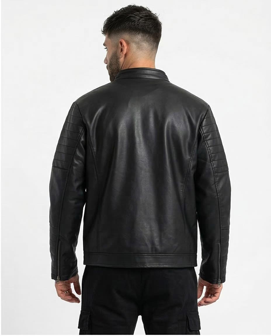 Men's Black Quilted Detail Faux Leather Racer Jacket - O156165