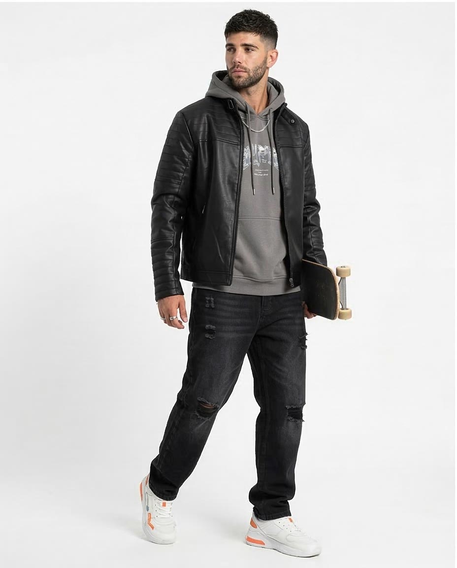 Men's Black Quilted Detail Faux Leather Racer Jacket - O156165