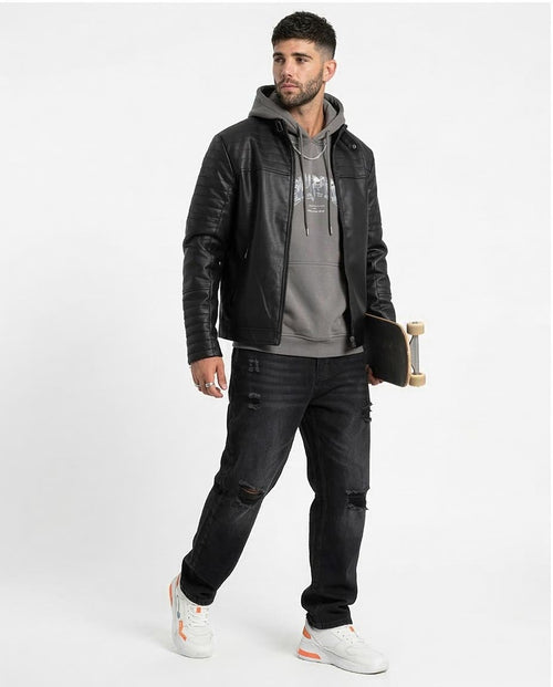 Ravin Men's Faux-Leather Moto Jacket with Quilted Panel Shoulders – Black - O156165