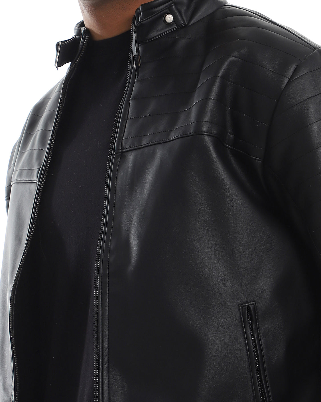 Men's Black Quilted Detail Faux Leather Racer Jacket - O156165