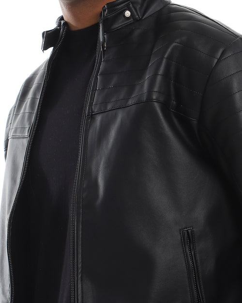 Ravin Men's Faux-Leather Moto Jacket with Quilted Panel Shoulders – Black - O156165