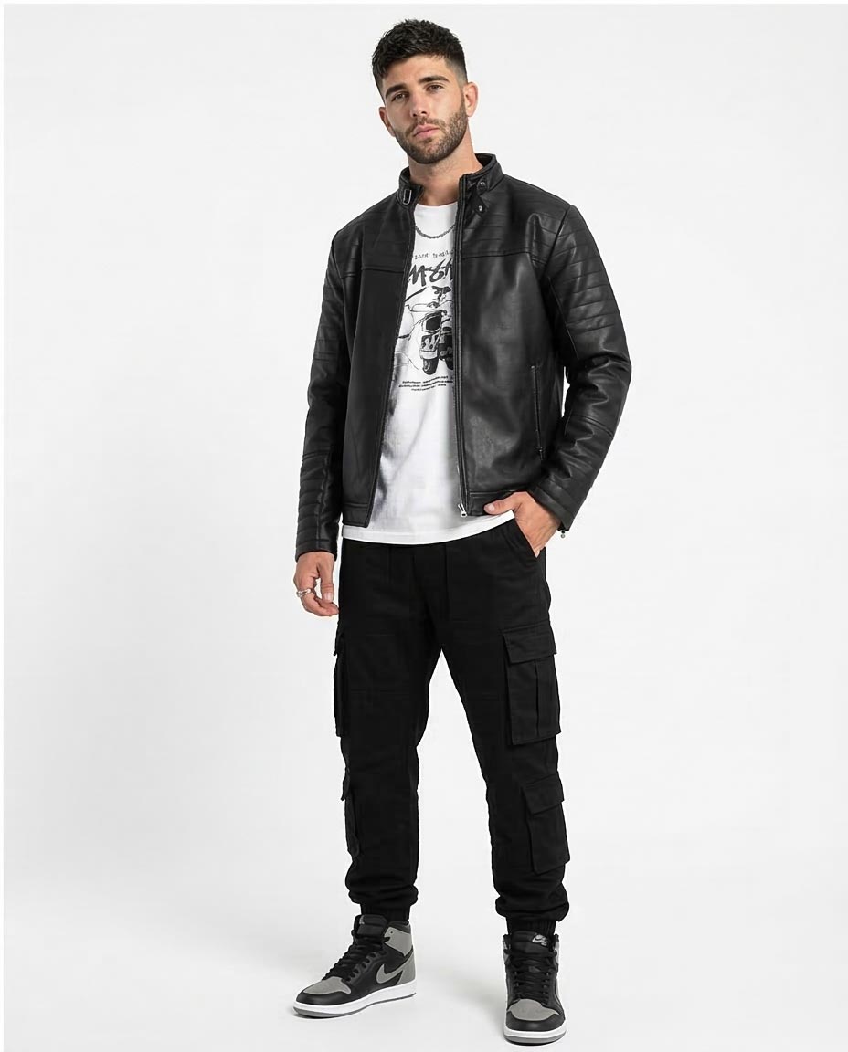 Men's Black Quilted Detail Faux Leather Racer Jacket - O156165