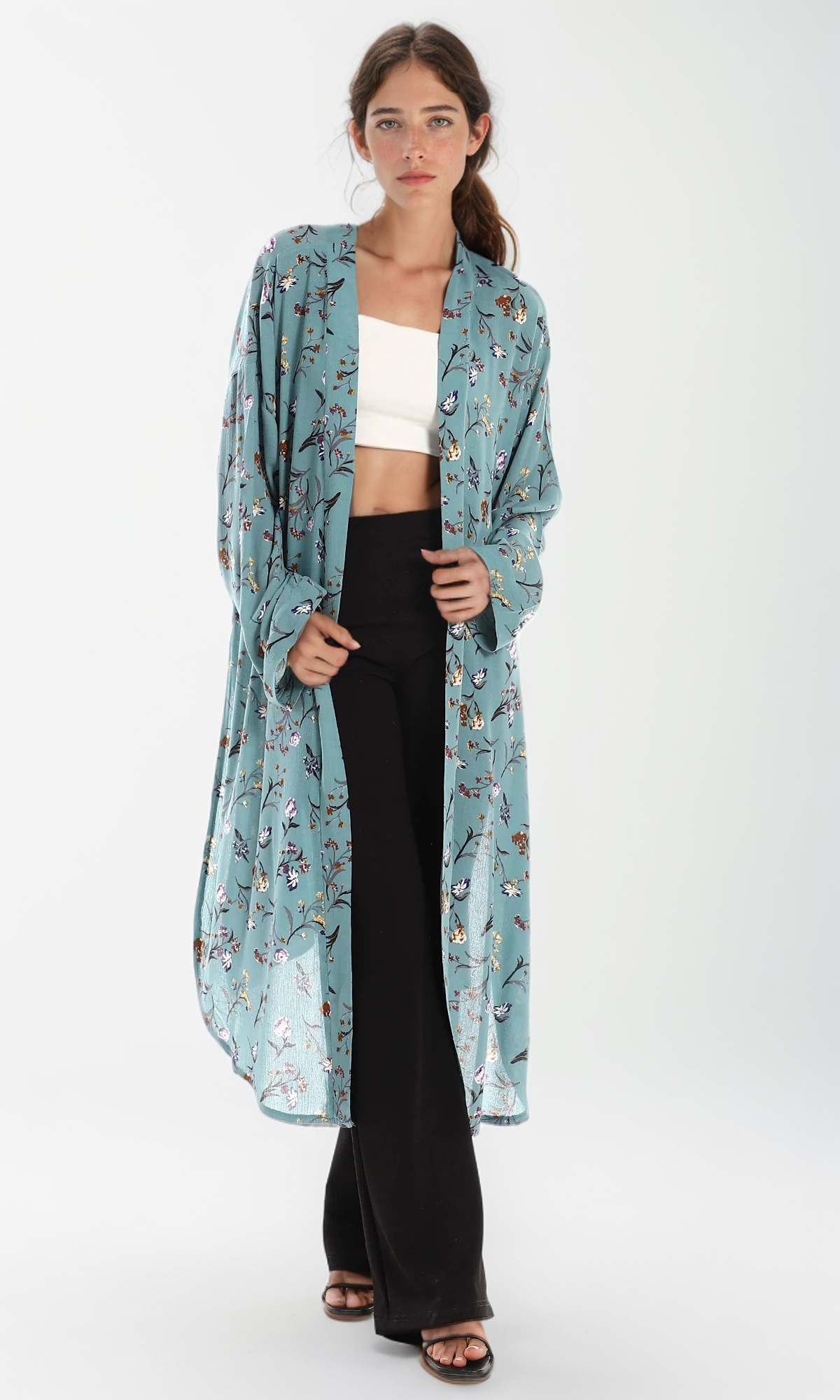O156331 Long Side Slits Rayon Cardigan - Teal Green