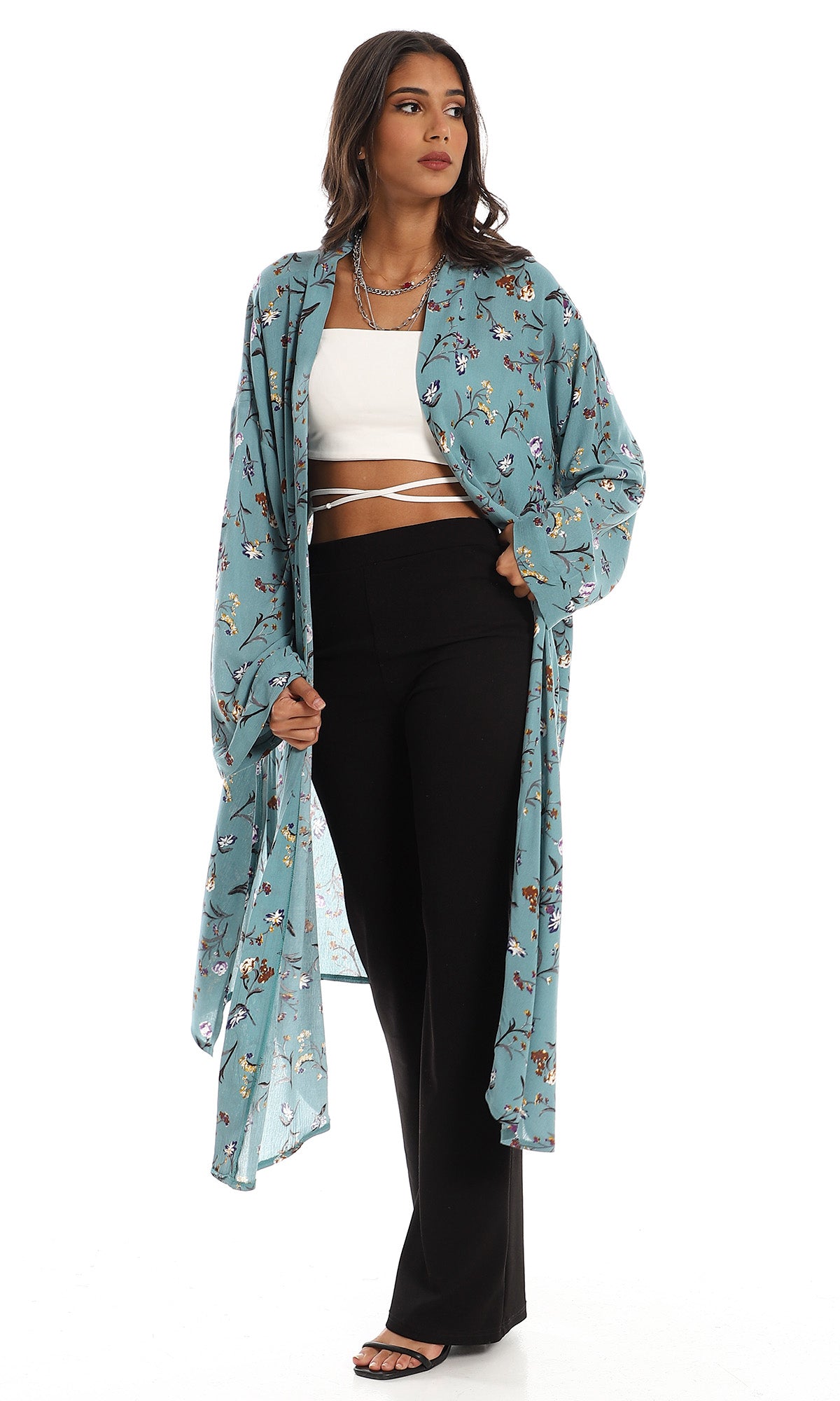 O156331 Long Side Slits Rayon Cardigan - Teal Green