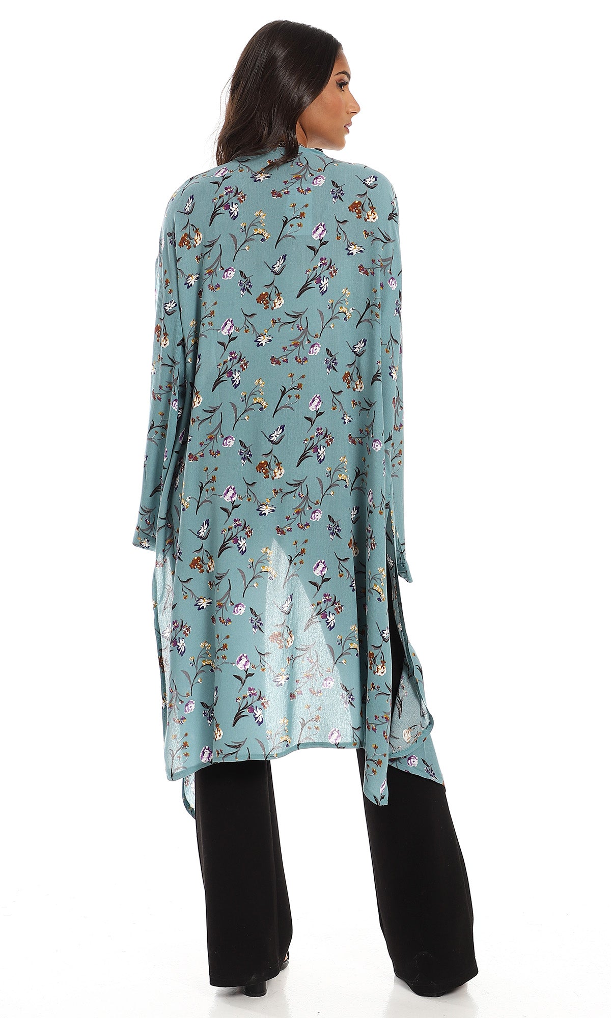 O156331 Long Side Slits Rayon Cardigan - Teal Green