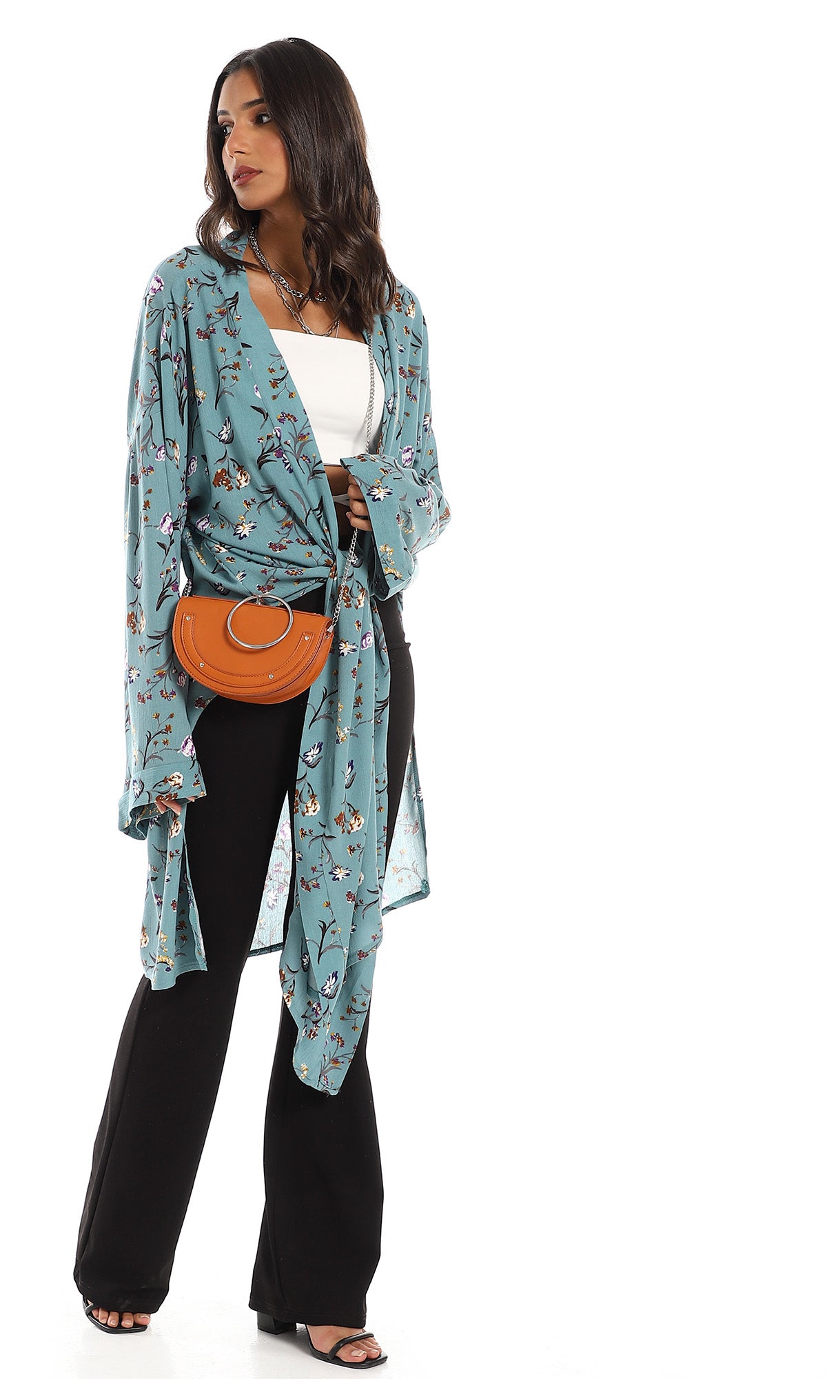 O156331 Long Side Slits Rayon Cardigan - Teal Green