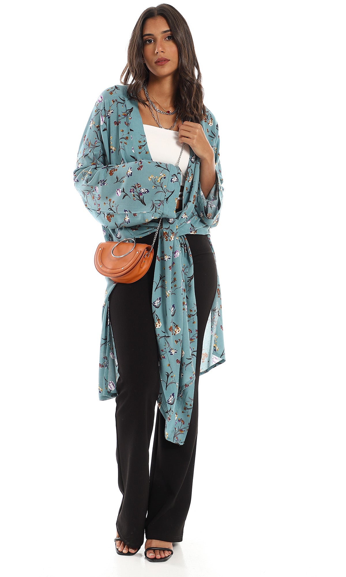 O156331 Long Side Slits Rayon Cardigan - Teal Green