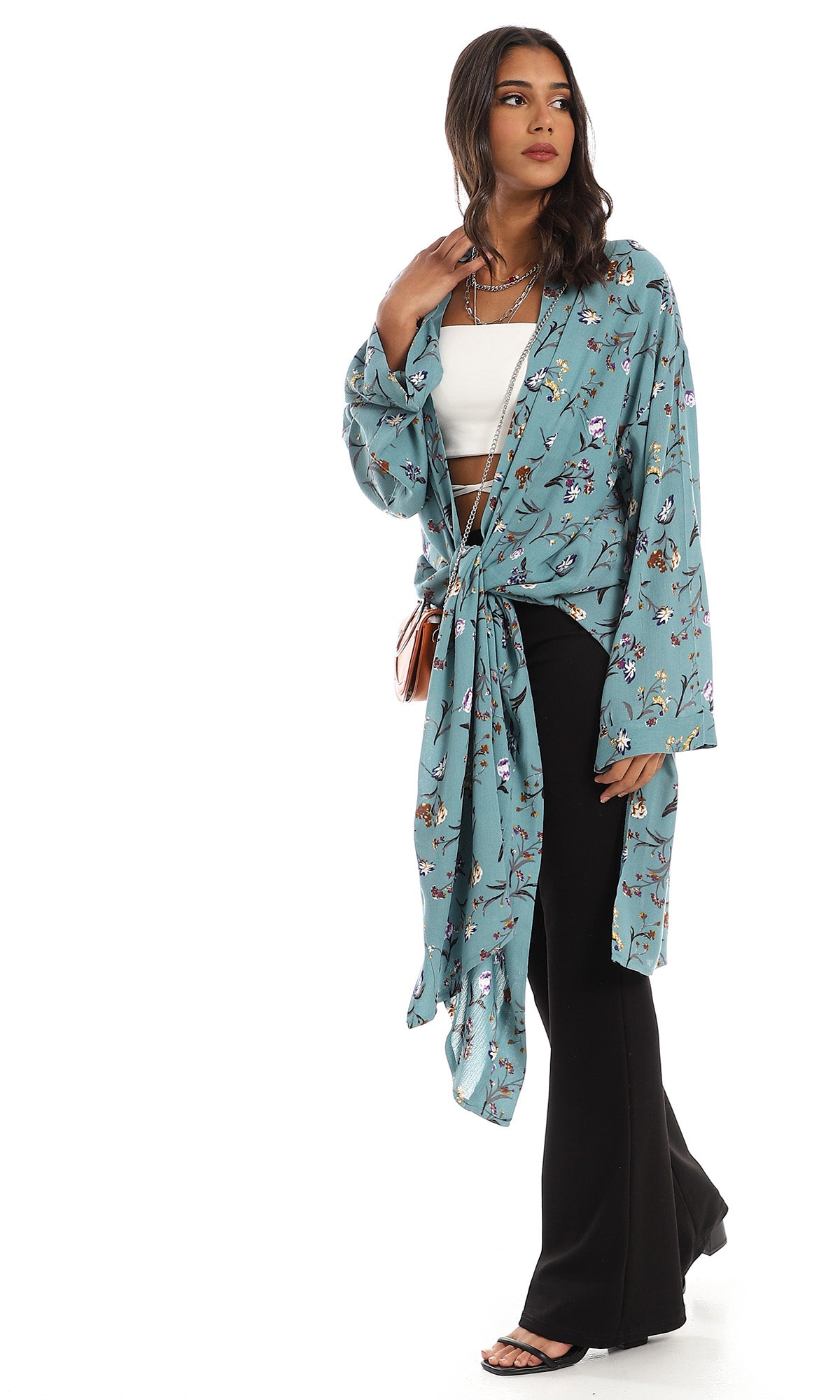 O156331 Long Side Slits Rayon Cardigan - Teal Green
