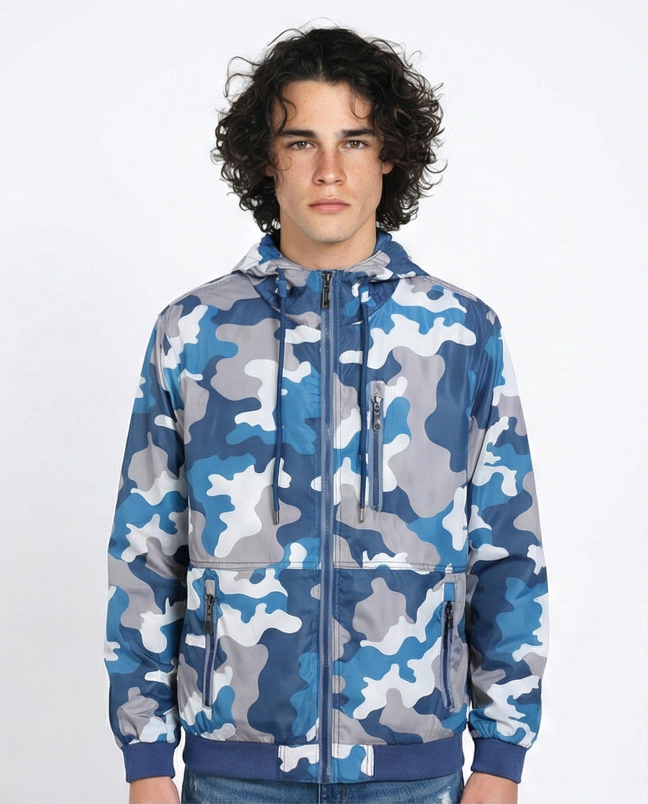O157785 Camouflage Hooded Jacket With Zipped Front Pockets - Blue, White & Grey