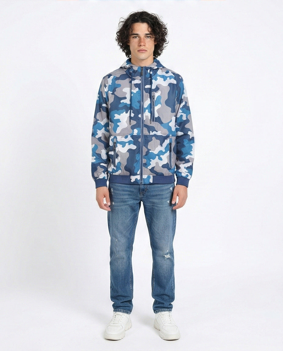 O157785 Camouflage Hooded Jacket With Zipped Front Pockets - Blue, White & Grey