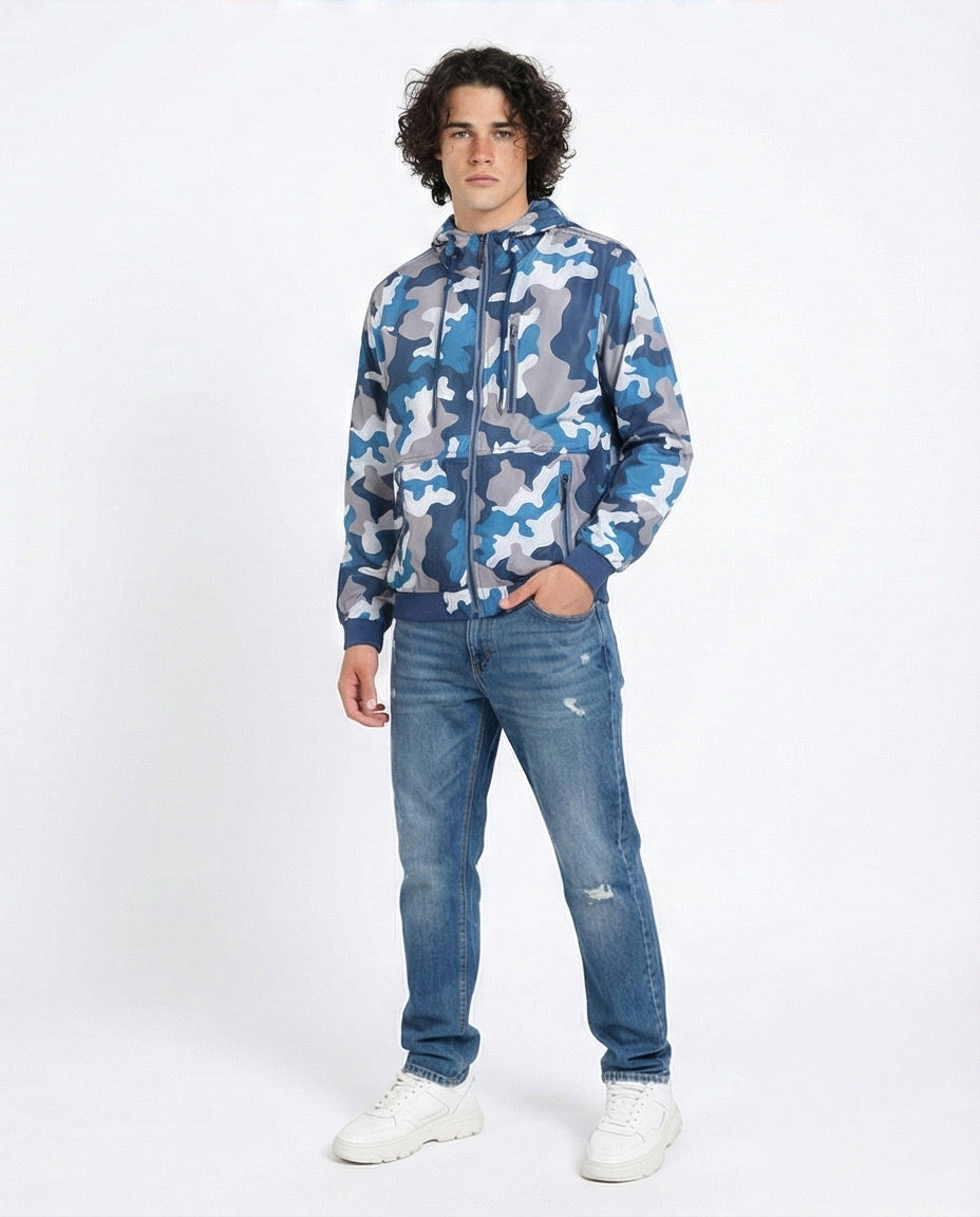 O157785 Camouflage Hooded Jacket With Zipped Front Pockets - Blue, White & Grey