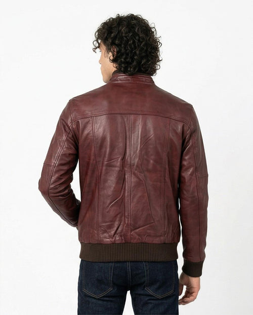 Ravin Burnished Burgundy Leather Bomber Jacket with Ribbed Trim - O160216