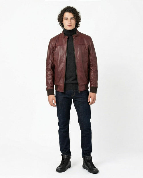Ravin Burnished Burgundy Leather Bomber Jacket with Ribbed Trim - O160216