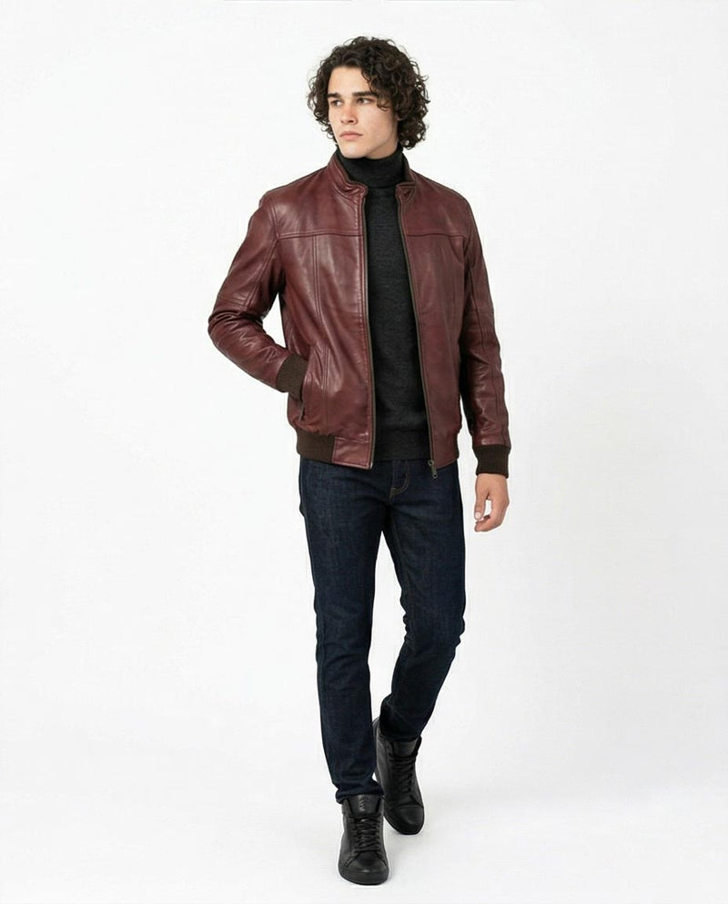 Ravin Burnished Burgundy Leather Bomber Jacket with Ribbed Trim - O160216