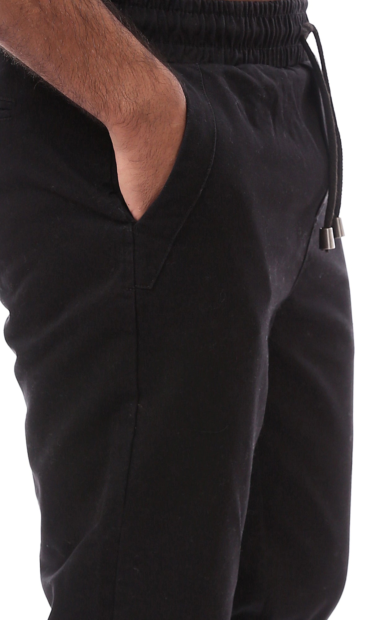O161105 Black Solid Gabardine Casual Pants With Hem
