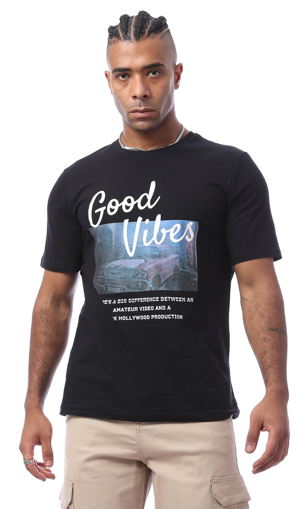 تيشيرت أسود مطبوع بقصة عادية 