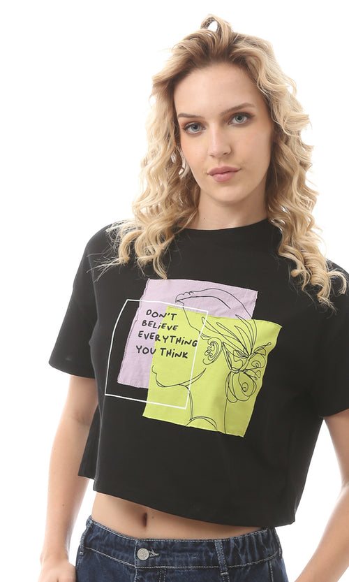 تيشيرت أسود صيفي بأكمام قصيرة مطبوع 